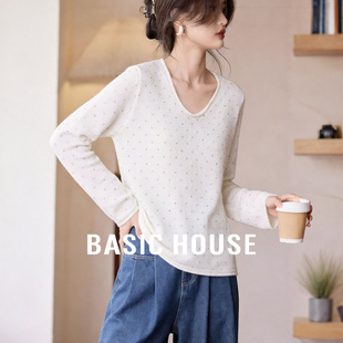 House 女长袖 百家好莱赛尔V领波点针织衫 新款 休闲内搭 夏季 Basic