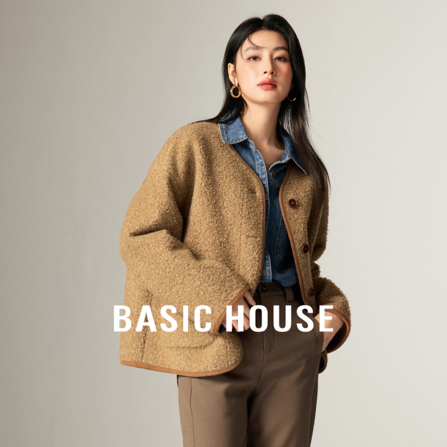 Basic House/百家好2025秋冬新款毛绒外套女短款宽松显瘦毛毛外套