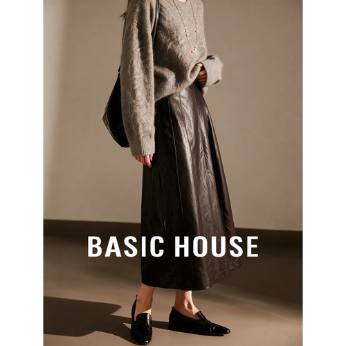 Basic House/百家好新款哑光质感高腰A字长裙女气质垂坠感伞裙