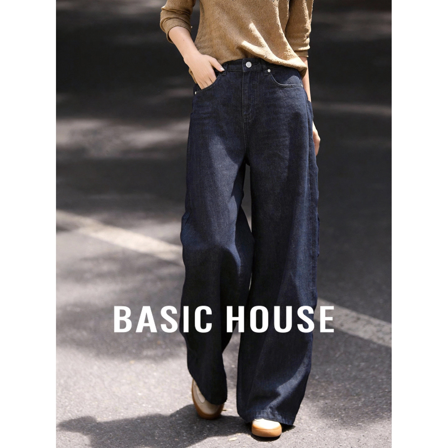 百家好蓝色垂坠感直筒牛仔裤女春季2026新款高腰百搭阔腿休闲裤子