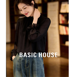 百家好木耳边立领雪纺衫宽松泡泡袖收腰上衣温柔风显瘦百搭衬衫