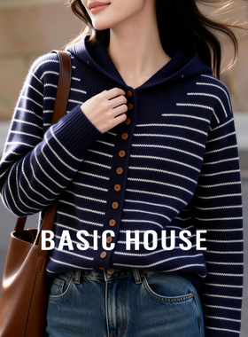 Basic House/百家好条纹撞色连帽毛衣女冬季绵羊毛保暖毛衫上衣