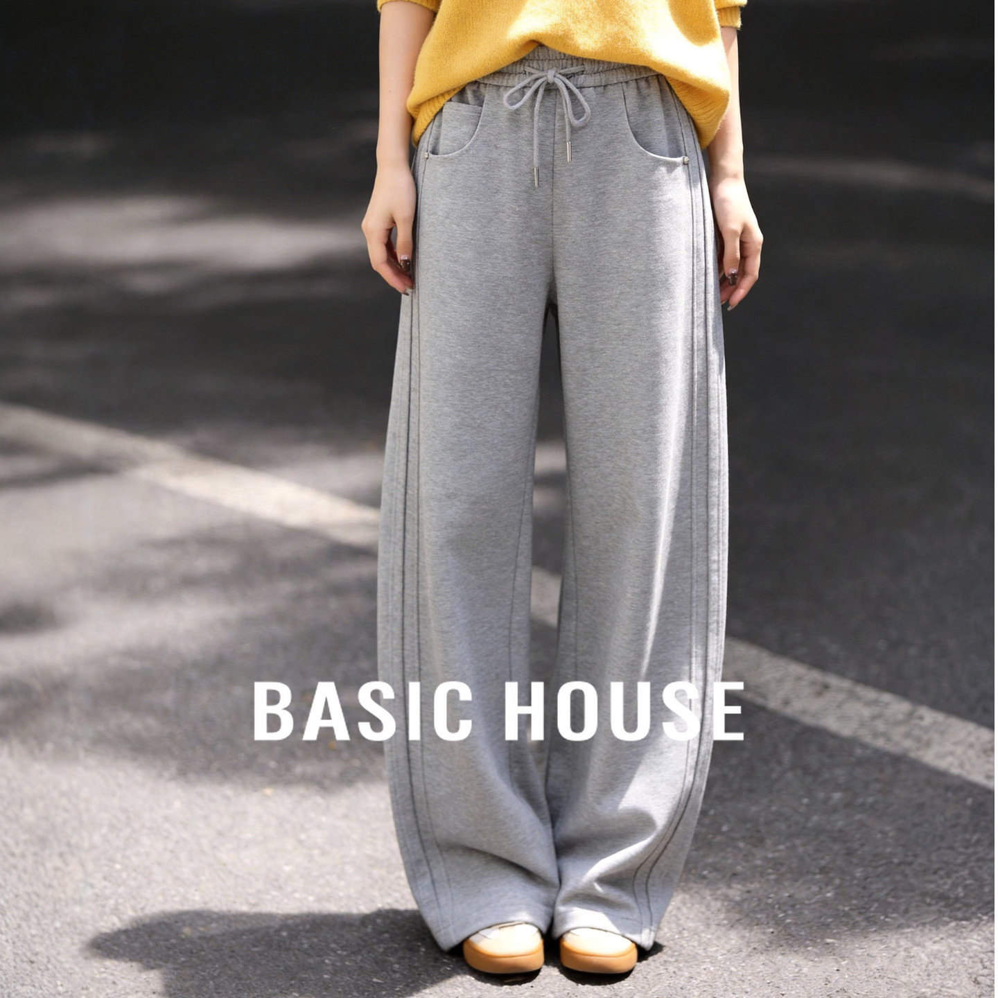 Basic House/百家好简约休闲裤女2026春季新款高腰显瘦直筒运动裤