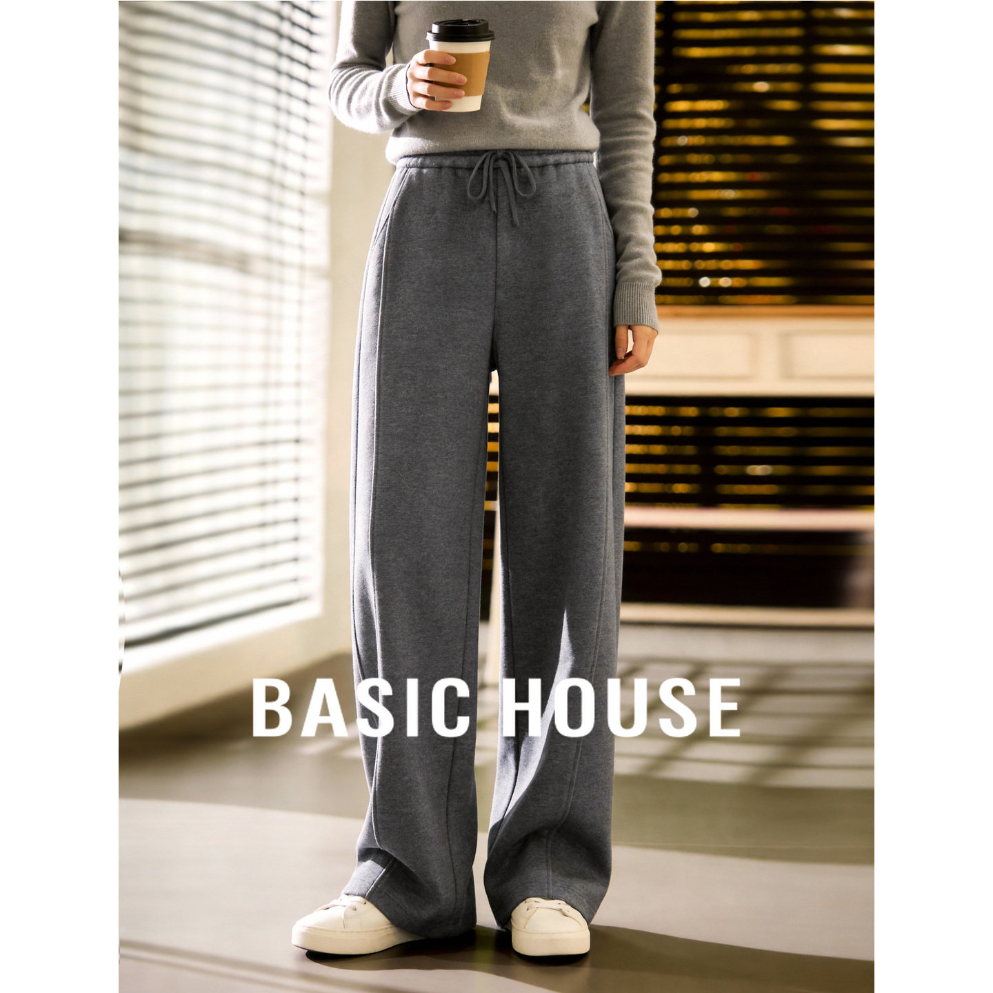 百家好灰色加绒加厚阔腿抽绳运动卫裤女冬季新款保暖休闲直筒裤子