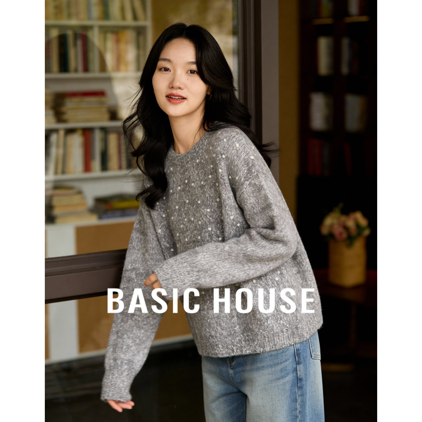 百家好灰色钉珠套头羊毛针织衫女春季新款宽松慵懒风保暖圆领毛衣