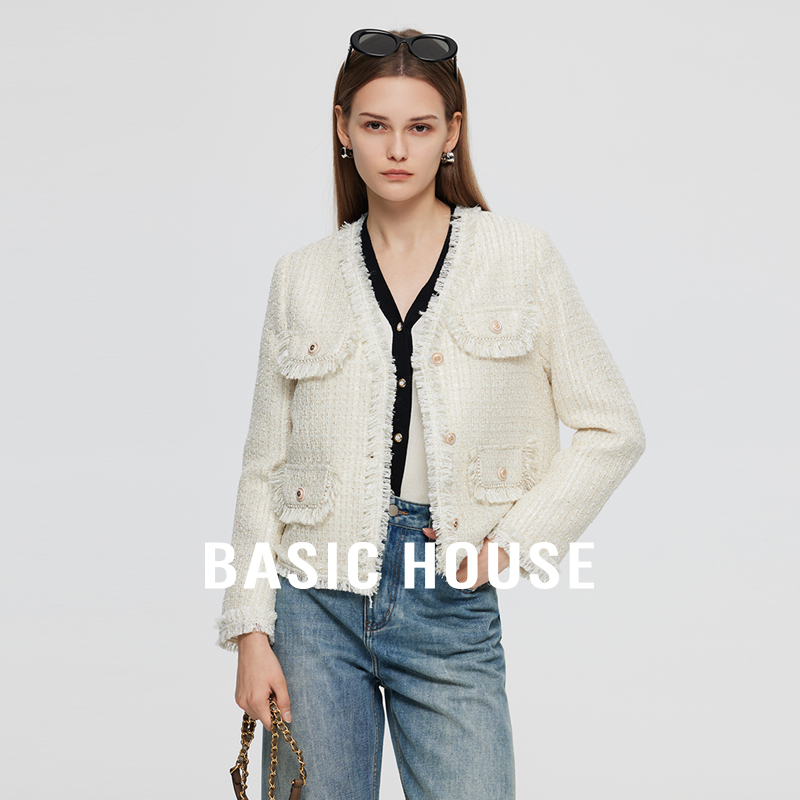 Basic House/百家好小香风毛边设计感外套女秋季新款V领长袖上衣