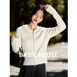 休闲开衫 Basic 双拉链显瘦短款 百家好奶白肌理感连帽针织衫 House