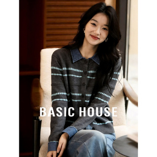 百家好牛仔领拼接针织开衫女春季新款复古条纹设计感小众宽松外套