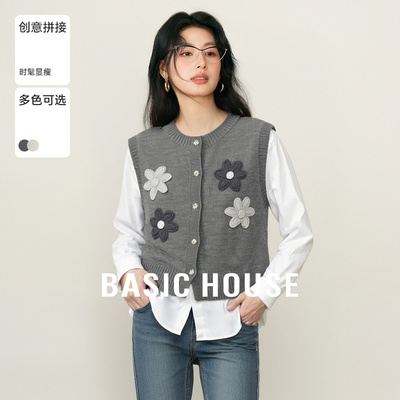 Basic House/百家好格雷系钩花假两件针织衫秋冬新款立体拼接上衣
