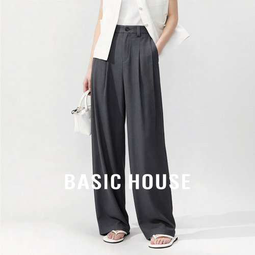 Basic House/百家好老钱风灰色高腰阔腿裤女夏季直筒松弛感西装裤