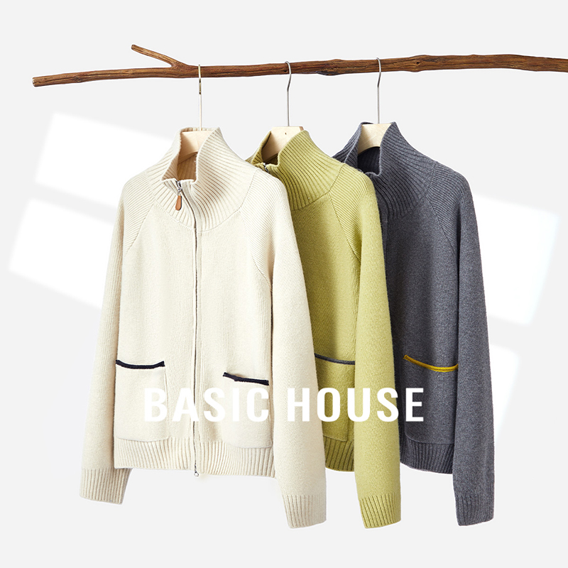 Basic House/百家好慵懒风翻领拉链毛衣秋季女流行插肩袖开衫外套