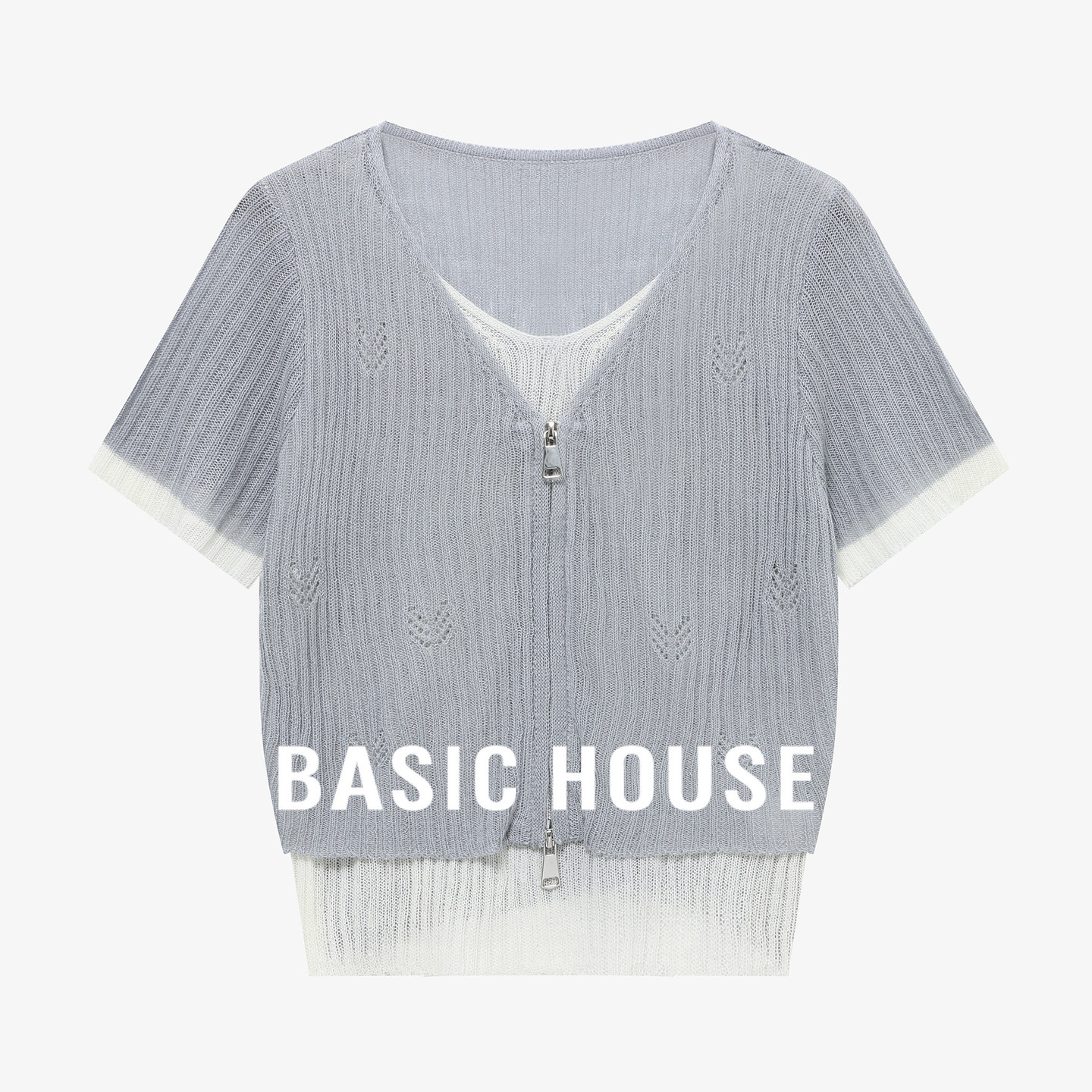 Basic House/百家好双拉链假两件针织衫女夏薄款V领宽松短袖上衣