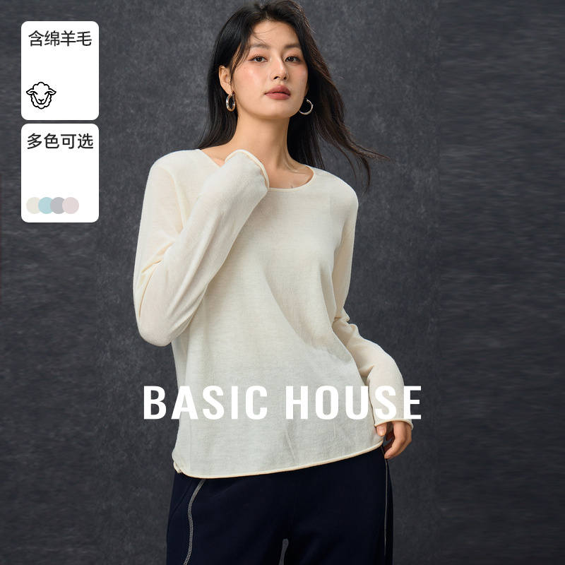 Basic House/百家好绵羊毛纯色针织衫宽松显瘦慵懒风圆领打底衫女