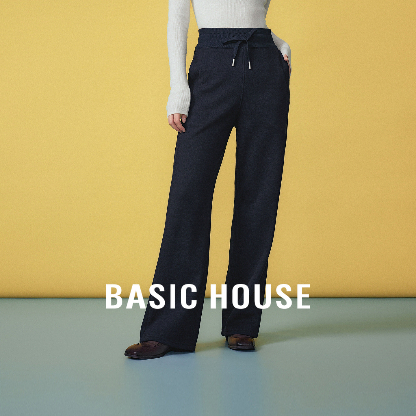 Basic House/百家好2025新款纯色休闲卫裤秋冬高腰直筒阔腿裤子女