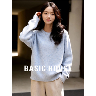 百家好蓝色彩点短款休闲毛衣冬季新款女士绵羊毛慵懒风针织衫上衣