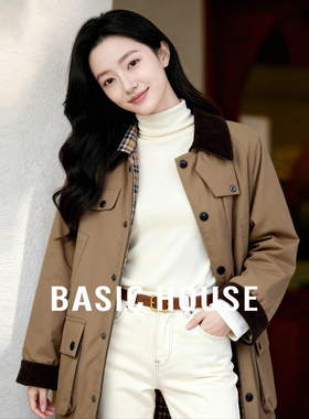 Basic House/百家好卡其色工装夹克棉服翻领拼接夹棉棉衣外套女士