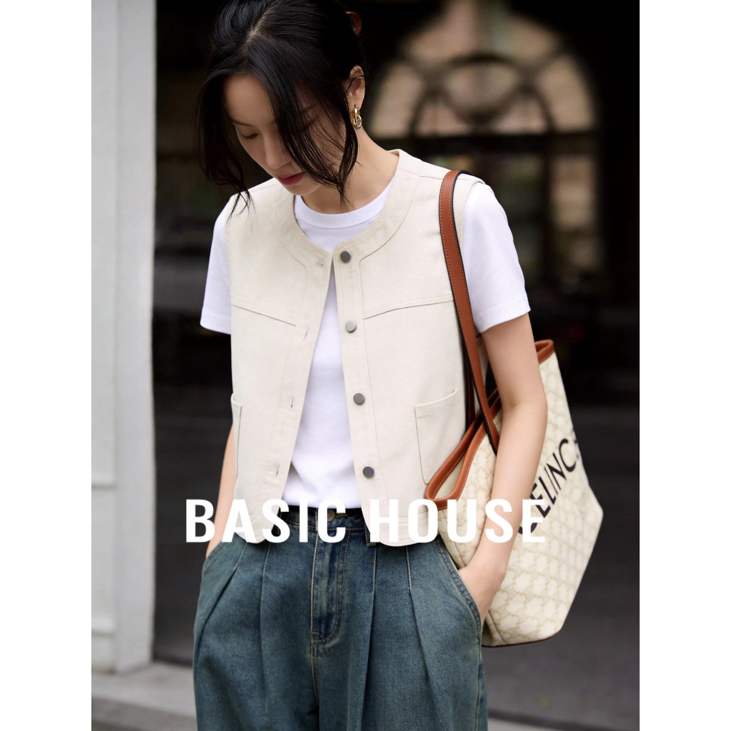 Basic House/百家好工装纽扣马甲女2026夏季新款修身显瘦背心上衣