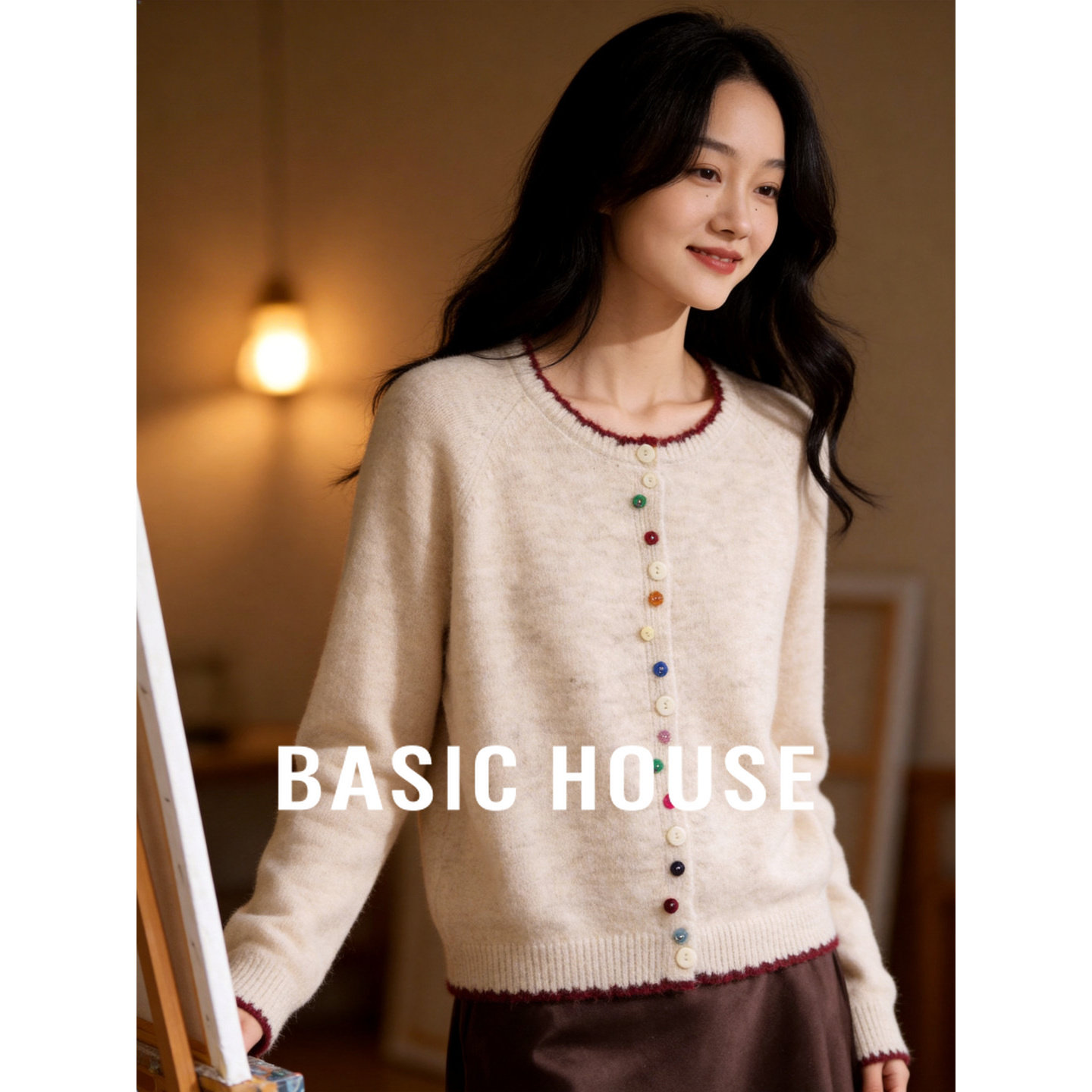 Basic House/百家好复古彩色纽扣针织开衫女春款温柔撞色描边毛衫