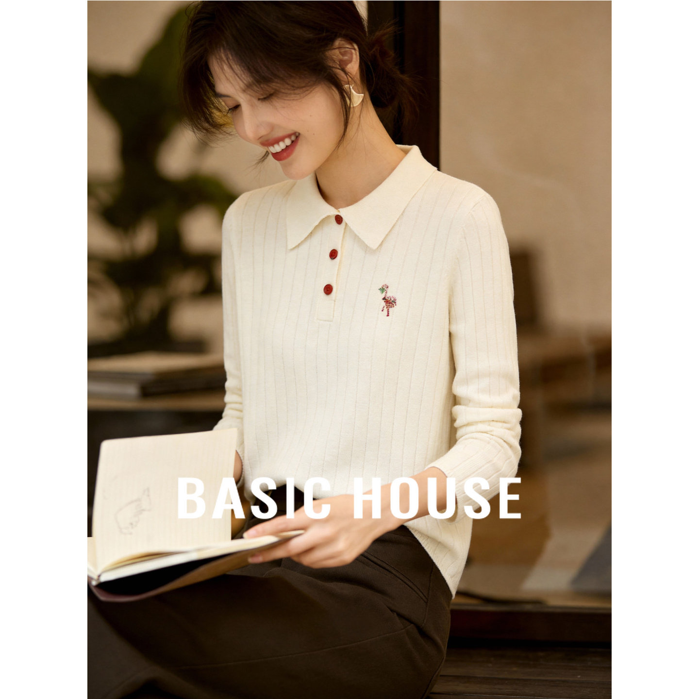 百家好坑条Polo领针织衫女春季新款修身显瘦减龄刺绣长袖打底上衣