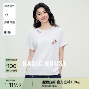 新款 Basic T恤女夏季 House 圆领宽松套头上衣 百家好撞色印花短袖