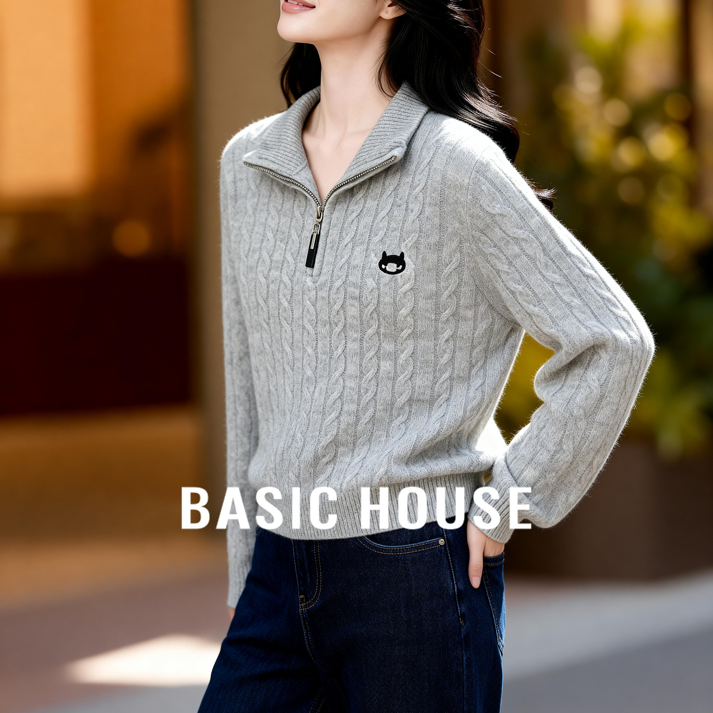 Basic House/百家好半拉链翻领毛衣秋冬绵羊毛刺绣绞花短款上衣女
