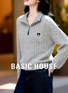 Basic House/百家好绵羊毛套头毛衣女秋冬季半拉链绞花针织衫上衣