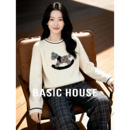 上衣 百家好小马提花白色毛衣女宽松百搭圆领女士毛衫 Basic House
