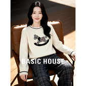 百家好小马提花白色毛衣女宽松百搭圆领女士毛衫 Basic House 上衣