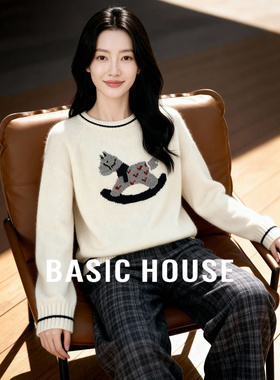 Basic House/百家好小马提花白色毛衣女宽松百搭圆领女士毛衫上衣