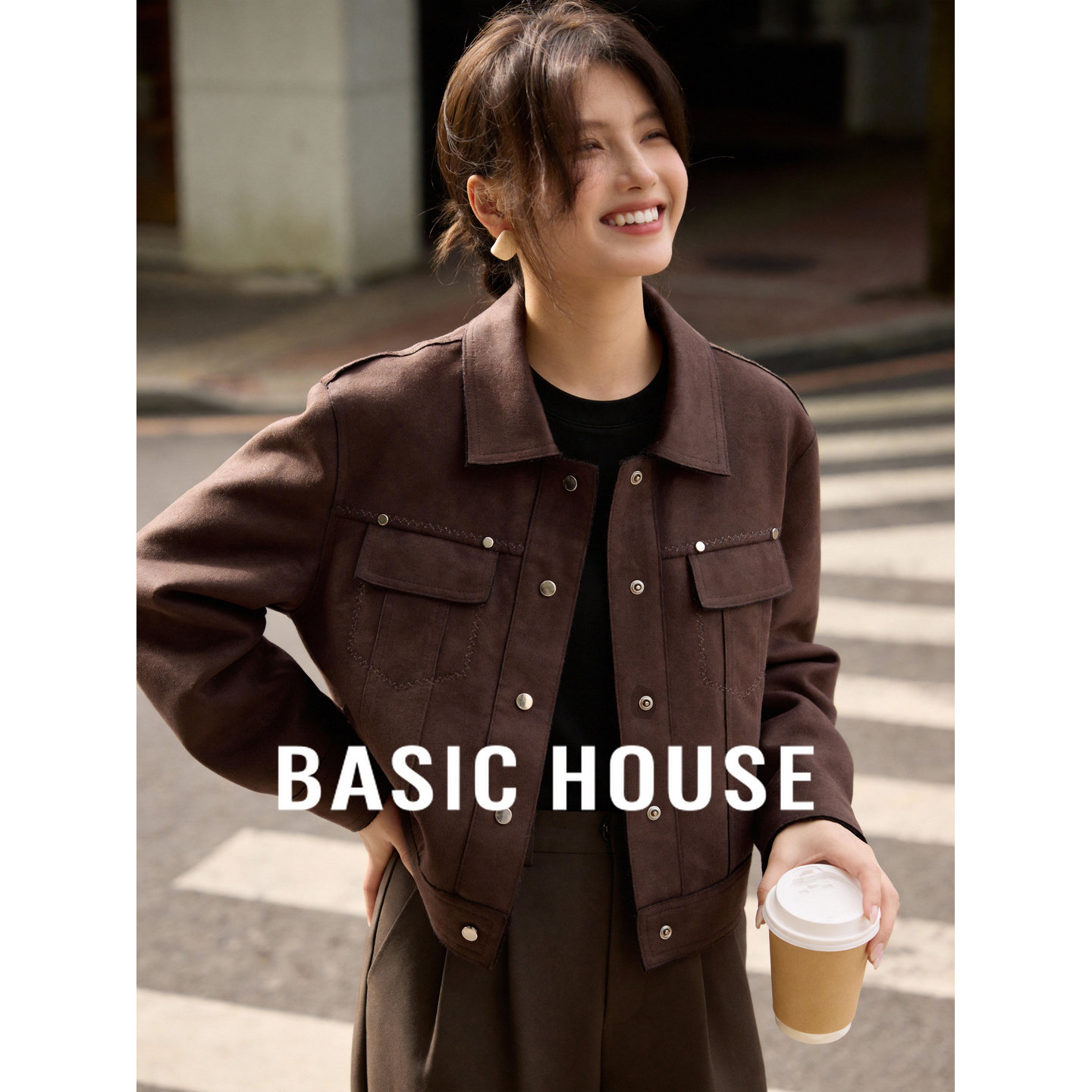 百家好咖色polo领短款外套女春季2026新款高级感休闲百搭夹克上衣