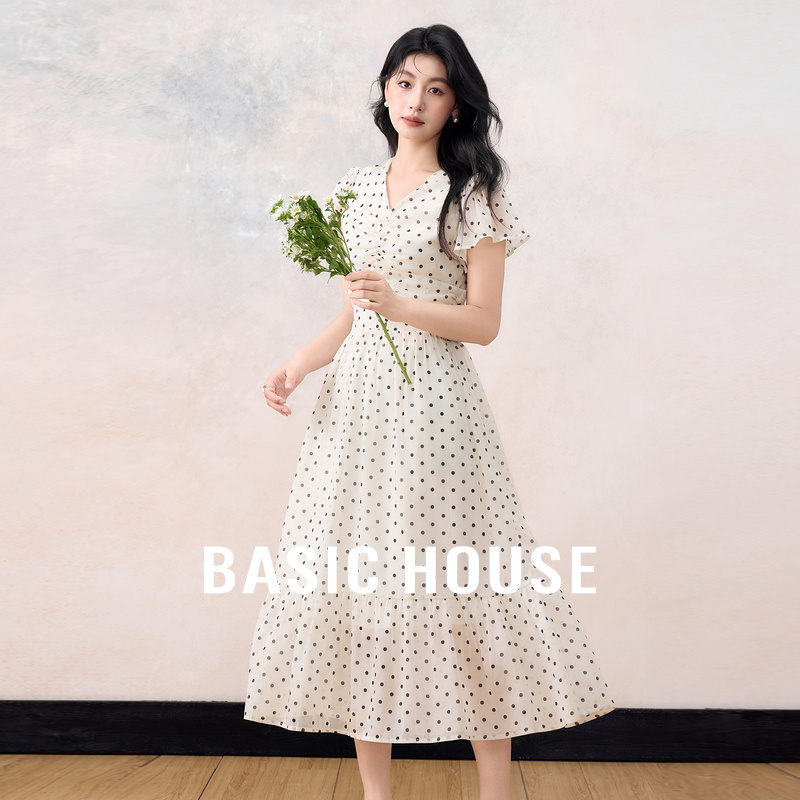 Basic House/百家好法式复古波点连衣裙夏季新款荷叶边中长款裙子