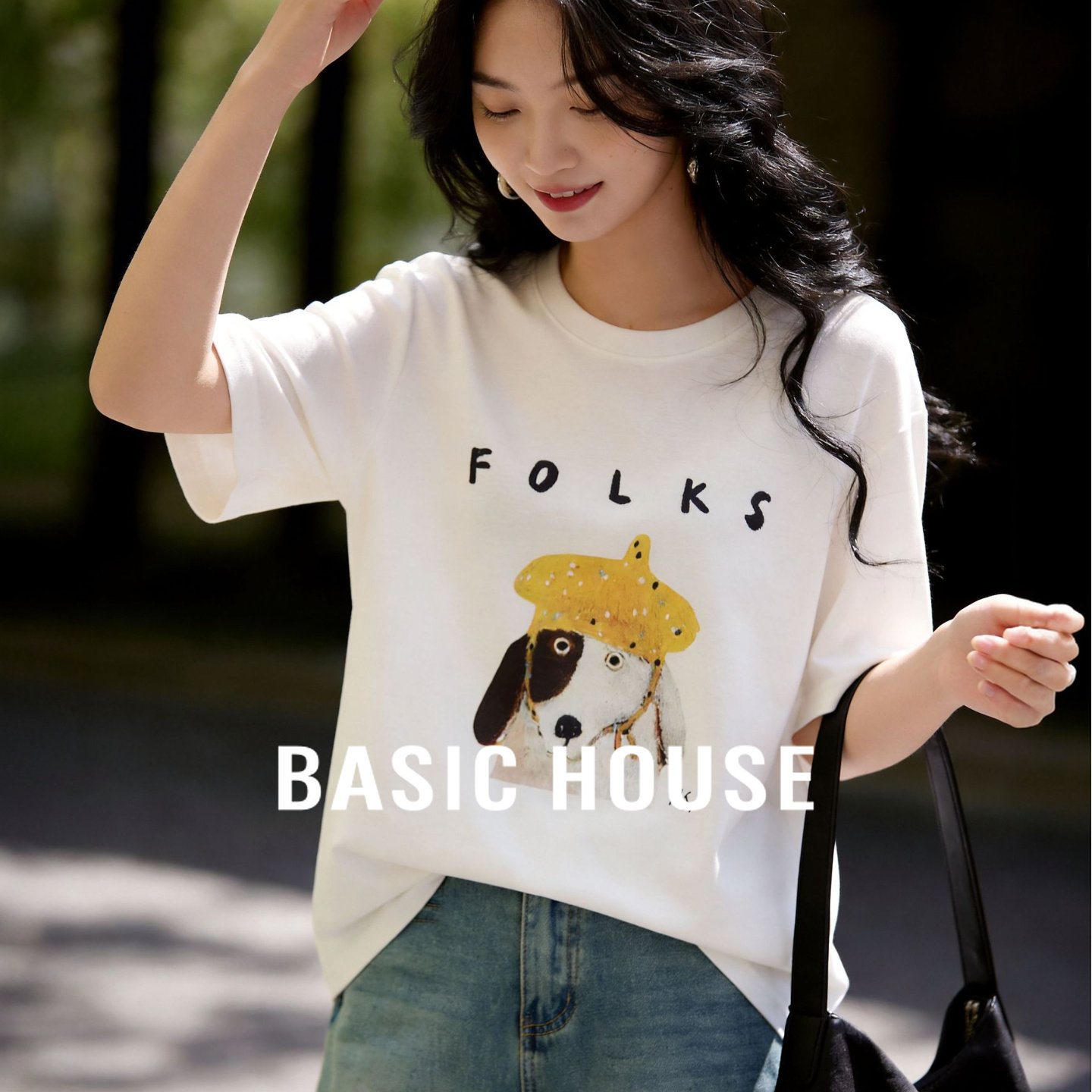 Basic House/百家好小狗印花T恤夏季圆领正肩显瘦休闲百搭短袖女