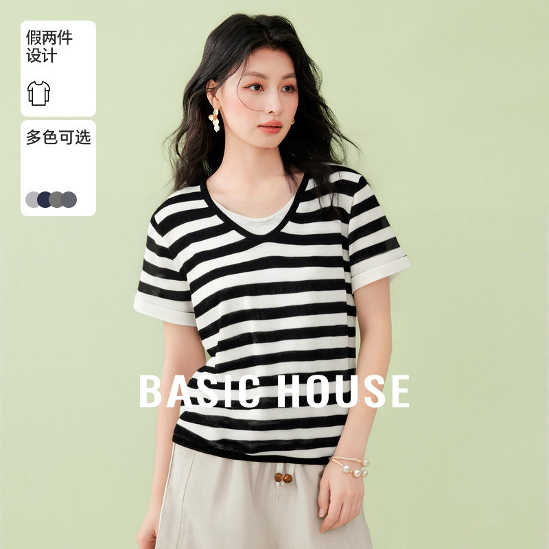 Basic House/百家好夏季新款撞色百搭假两件设计感短袖V领针织衫