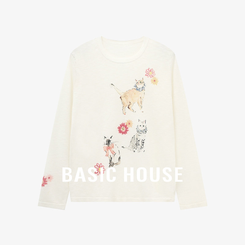 Basic House/百家好夏季新款轻薄宽松透气印花设计长袖套头针织衫,女装/女士精品,毛针织衫,淘宝优惠券,粉丝福利购,淘宝优惠卷