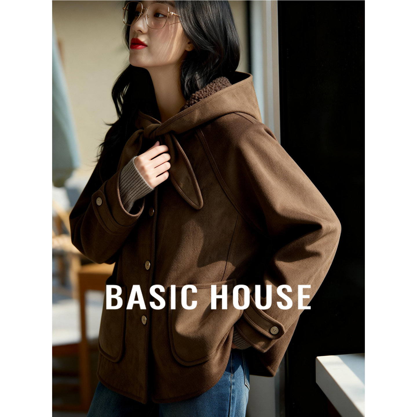 百家好仿麂皮连帽毛绒外套女冬季新款加绒保暖短款小个子冬装外套