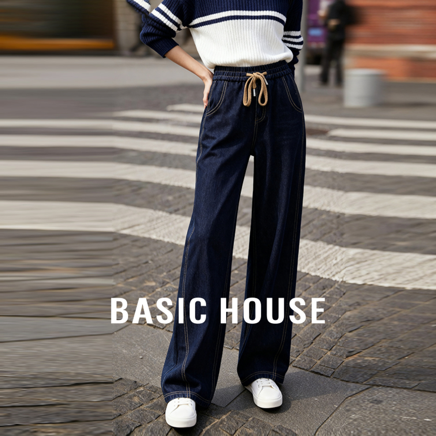 Basic House/百家好松紧腰直筒牛仔裤秋冬新款抽绳阔腿长裤2025女