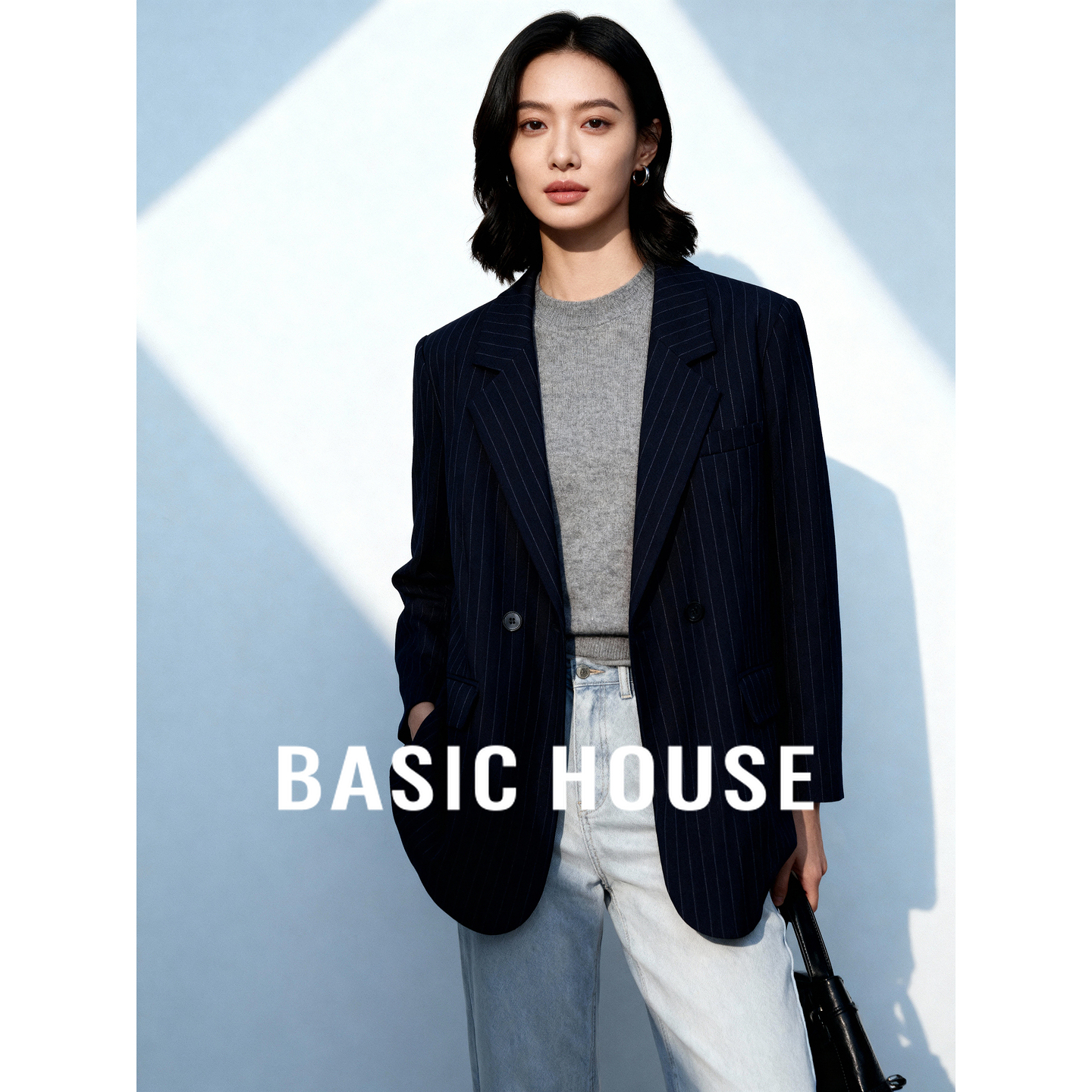 Basic House/百家好韩版翻领细条纹西装外套宽松短款西服上衣秋季