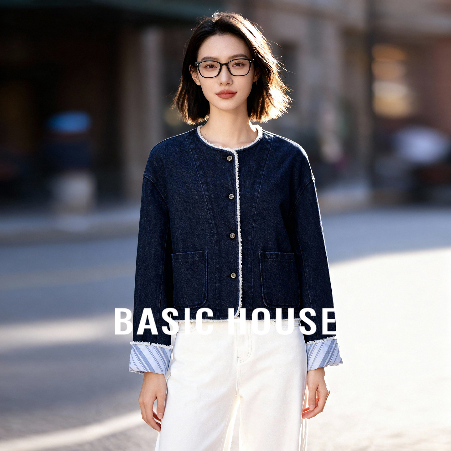 Basic House/百家好撞色拼接牛仔外套秋冬洋气圆领毛边夹克上衣女