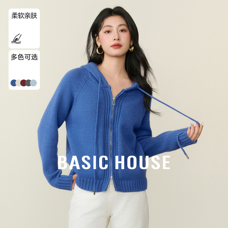 Basic House/百家好连帽双拉链毛衣秋季洋气纯色宽松插肩开衫外套