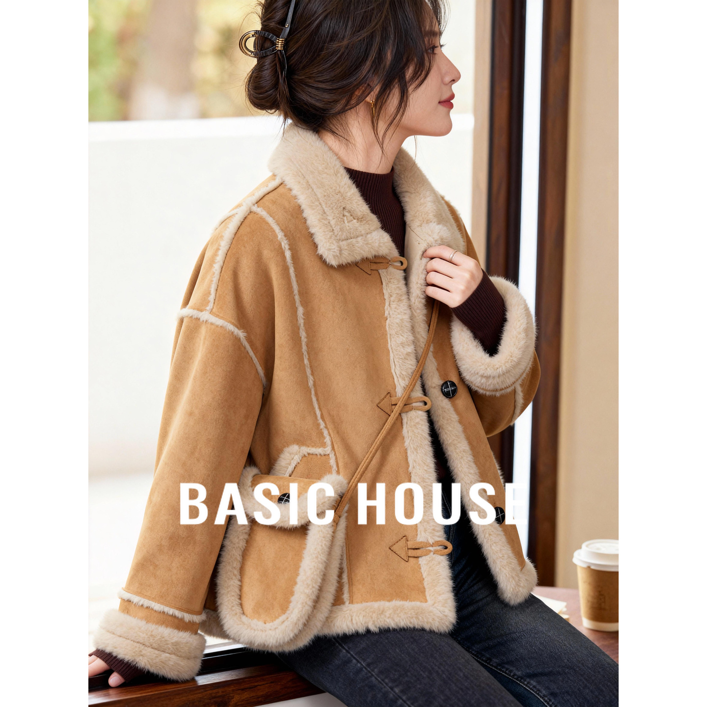 百家好翻领皮毛一体羊羔毛外套女2025冬季新款加厚机车服冬装上衣