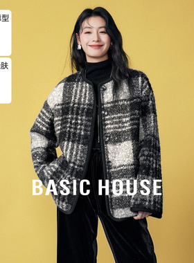 Basic House/百家好小香风圆领格纹毛毛外套复古摇粒绒宽松上衣冬