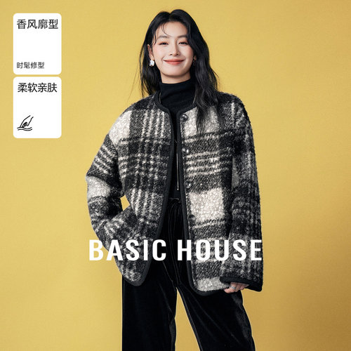 Basic House/百家好小香风圆领格纹毛毛外套复古摇粒绒宽松上衣冬