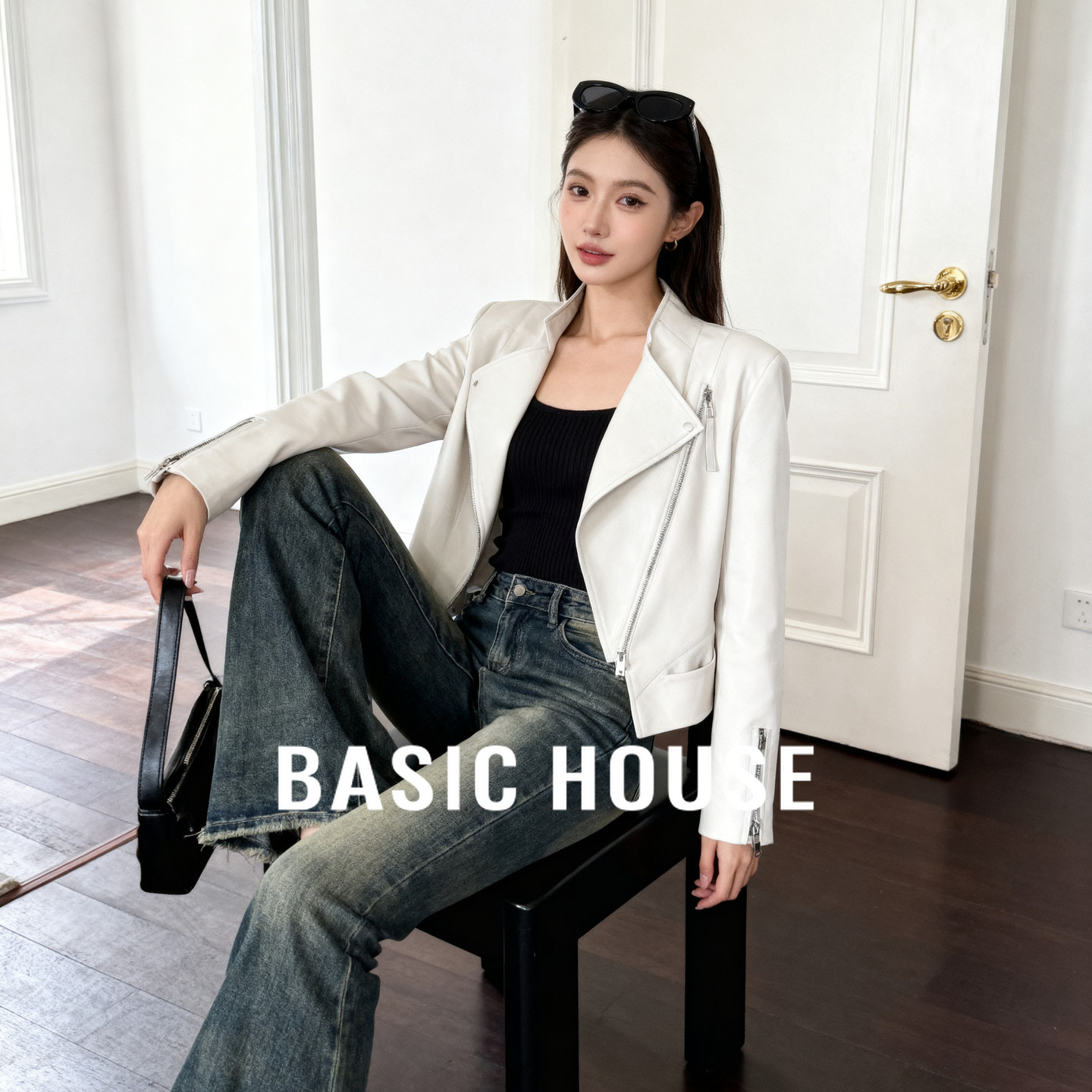 Basic House/百家好个性机能夹克外套2025秋季不规则拉链设计上衣