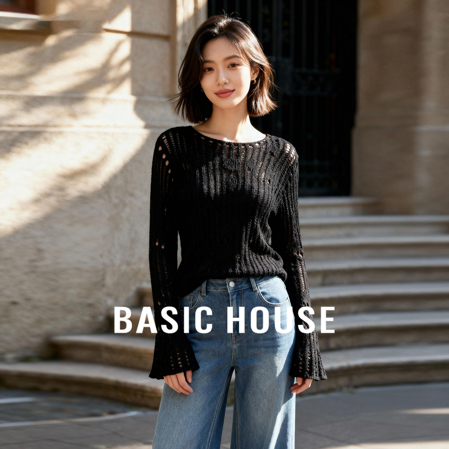 Basic House/百家好纯色镂空针织衫女2025秋宽松长袖慵懒风上衣