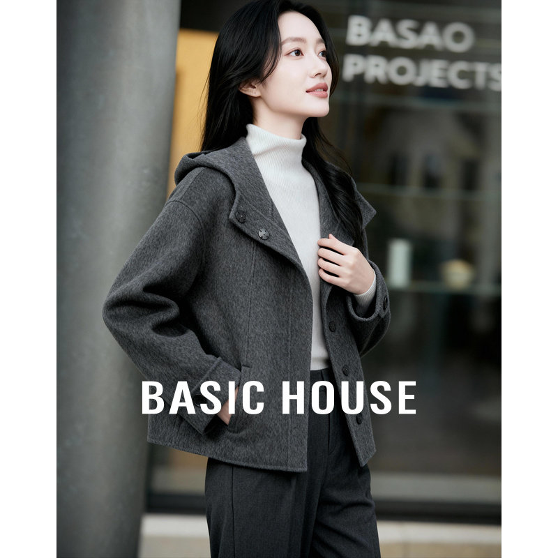 Basic House/百家好秋冬简约连帽毛呢短外套女宽松拉链款灰色大衣,女装/女士精品,毛呢外套,淘宝优惠券,粉丝福利购,淘宝优惠卷