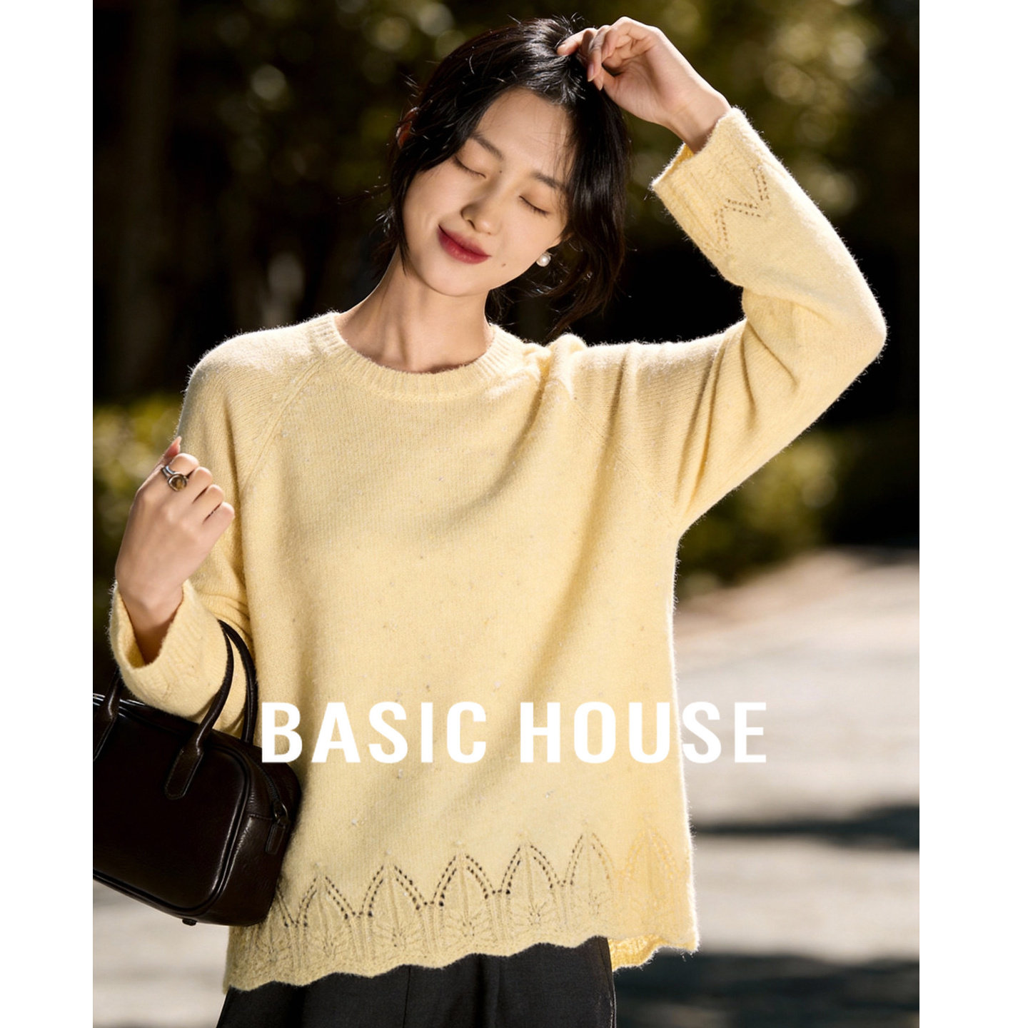 Basic House/百家好黄色针织衫女春季新款保暖圆领内搭毛衫上衣,女装/女士精品,毛针织衫,淘宝优惠券,粉丝福利购,淘宝优惠卷