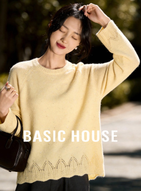 Basic House/百家好黄色针织衫女春季新款保暖圆领内搭毛衫上衣