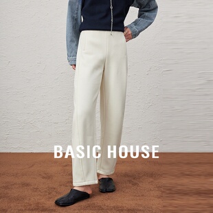 Basic House/百家好加绒休闲裤女士小个子秋冬松紧高腰白色阔腿裤