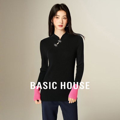 Basic House/百家好2025秋冬新款新中式盘扣针织衫长袖撞色套头衫