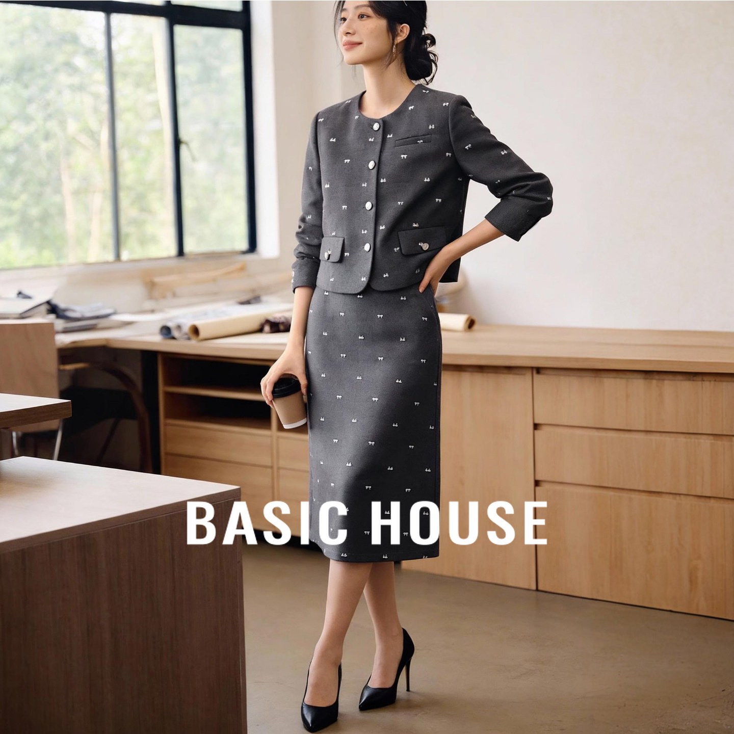 Basic House/百家好小香风灰色蝴蝶结短外套后开叉半身裙套装新款,女装/女士精品,时尚套装,淘宝优惠券,粉丝福利购,淘宝优惠卷